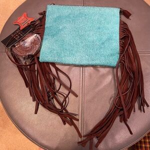 American Darling Hair on Hide Leather Turquoise and Brown Fringe Crossbody Bag
